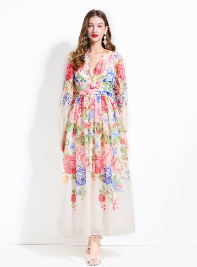 Printed V-neck Chiffon Long Sleeve Dress