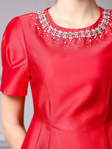 Red Satin Beading Crystal Mother of the Bride Dress