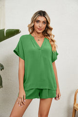 Solid Color V-neck Loose T-shirt Shorts Suit