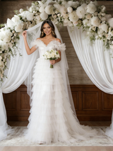 White Tulle Spaghetti Straps Tiers Wedding Dress