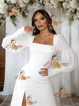 White Long Sleeve Split Square Neck Wedding Dress
