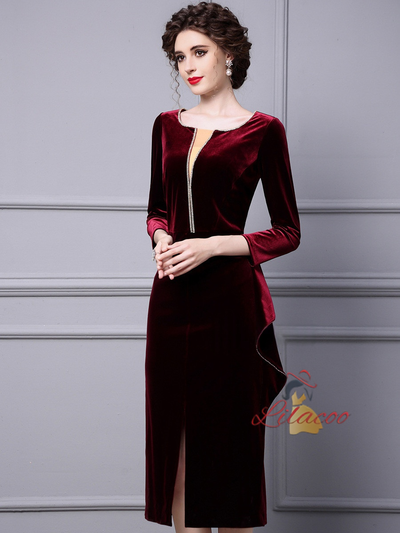 Burgundy Velvet Split Mother Of The Bride Dress