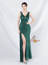 V-neck Sequins Split Prom Dress