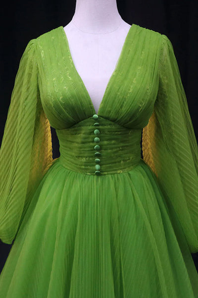 Green Tulle Long Sleeve V-neck Prom Dress