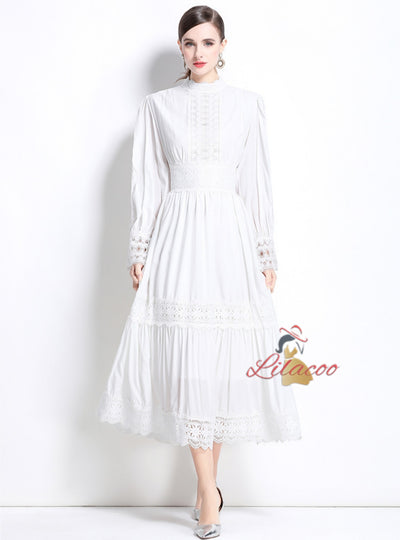 Spliced Stand-up Collar Lantern Sleeve Dress