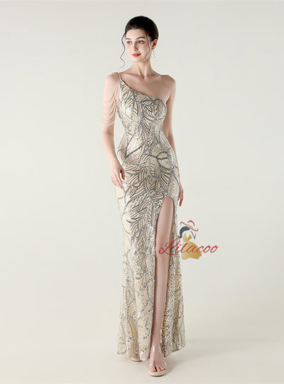 Mermaid Sequins One Shoulder Split Beading Prom Dress