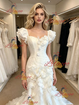White Mermaid Tulle Straps 3D Flower Wedding Dress