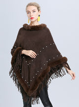 Jacquard Pearl Fringed Fur Collar Shawl Cloak