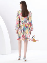 Retro V-neck Breasted Printed Dress