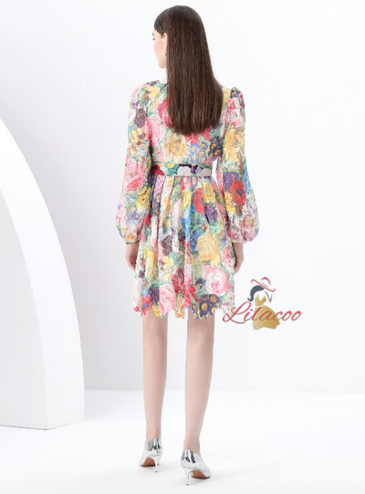 Retro V-neck Breasted Printed Dress