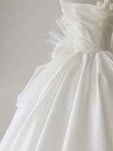 White Tulle Satin Strapless Pleats Wedding Dress