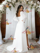 White Long Sleeve Split Square Neck Wedding Dress