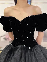Black Tulle Velvet Puff Sleeve Prom Dress