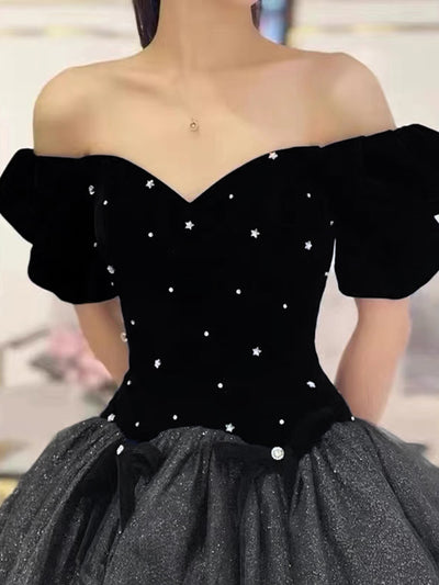 Black Tulle Velvet Puff Sleeve Prom Dress