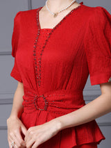 Red Short Sleeve Pleats Beading Split Mother Of The Bride Dress