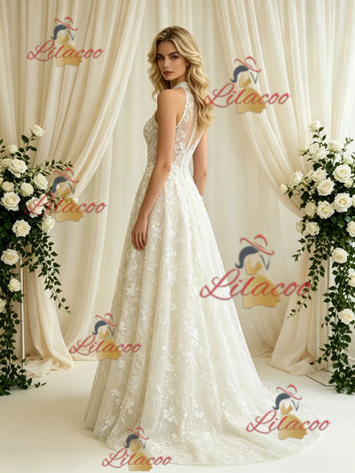 Beige White Lace Halter Wedding Dress