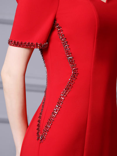 Red V-neck Beading Mother Of The Bride Dress