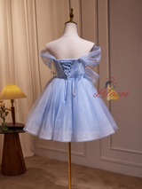 Blue Tulle Sequins Off the Shoulder Homecoming Dress