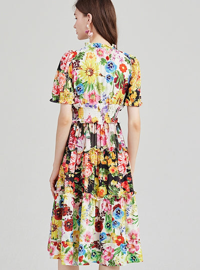 Printed Contrast High Waist Slim Short Sleeve Dress