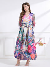 Palace Retro V-neck Lantern Sleeve Printed Dress