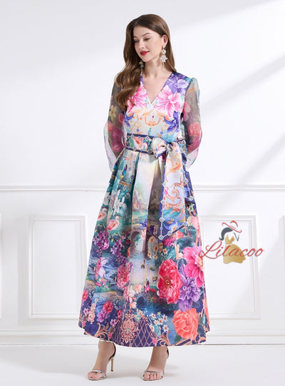 Palace Retro V-neck Lantern Sleeve Printed Dress