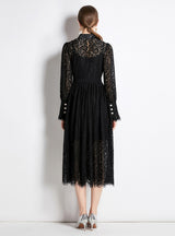 Hollow Lace Long Sleeve Black Dress