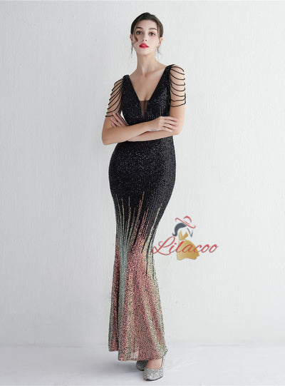 V-neck Sequins Beading Prom Dress