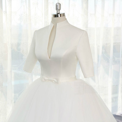 White Tulle Short Sleeve Wedding Dress With Bow