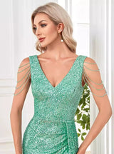 V-neck Sequined Slit Evening Dress