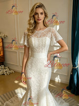 White Mermaid Lace Scoop Neck Wedding Dress