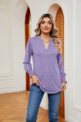 Solid Color V-neck Loose Long Sleeve T-shirt