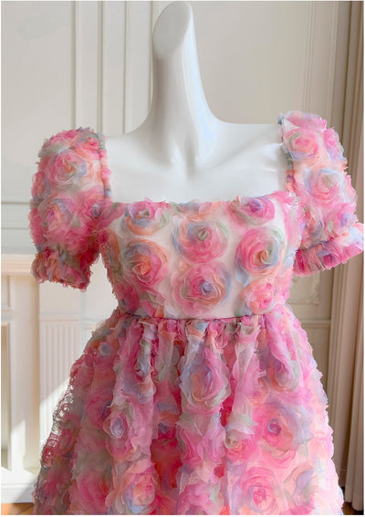 Three-dimensional Fower Bubble Sleeve Dress