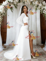 White Long Sleeve Split Square Neck Wedding Dress