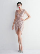 V-neck Split Sequins Beading Short Prom Dress