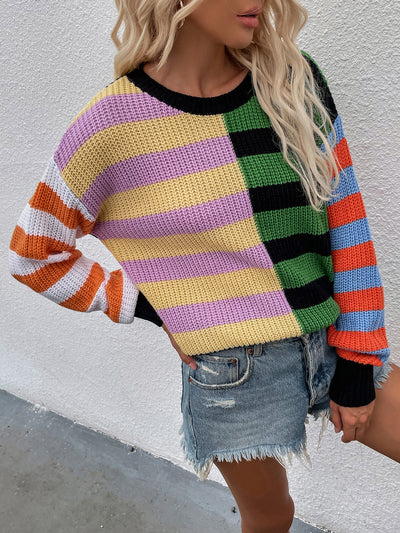 Striped Loose Round Neck Stitching Sweater