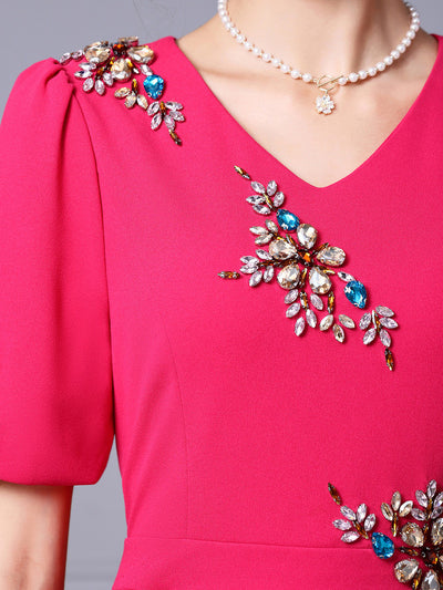 Fuchsia Short Sleeve Crystal Mother Of The Bride Dress