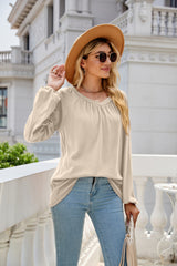 Solid Color Long Sleeve V neck Pleated T-shirt