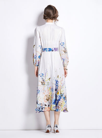 Retro Standing Lantern Sleeve Printed Long Sleeve Dress