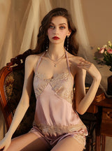 Long Sleeve Satin Lace Pajamas Suit Set