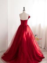Burgundy Satin Tulle Pleats Prom Dress