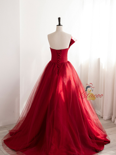 Burgundy Satin Tulle Pleats Prom Dress