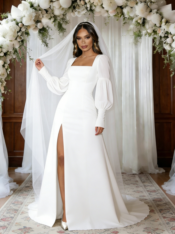 White Long Sleeve Split Square Neck Wedding Dress
