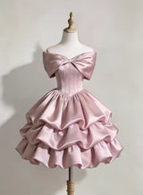 Pink Satin Off the Shoulder Tiers Homecoming Dress
