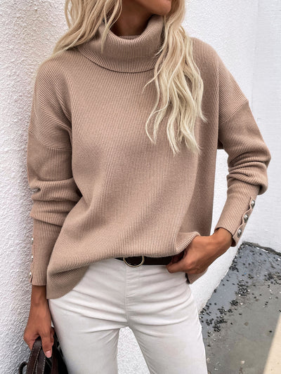 Solid Color High Neck Button Sweater