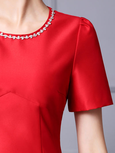Red Satin Short Sleeve Mother Of The Bride Dress