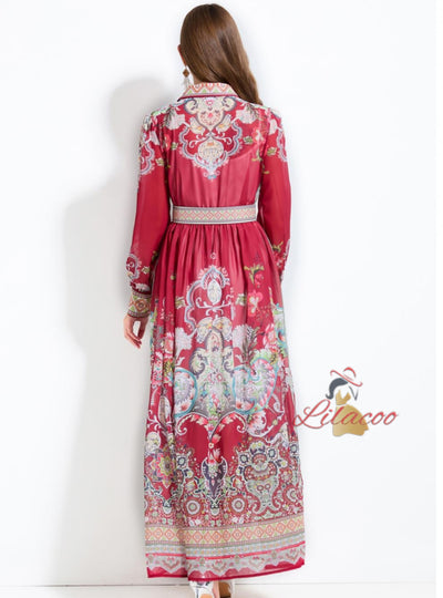 Palace Shirt Neck Breasted Long Printed Dress