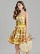 Retro Printed Suspender Short Dress