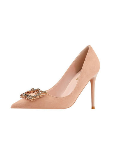 Pointed Rhinestone Square Buckle Suede Stilettos Shoes