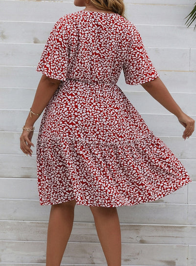 V-neck Bat Sleeve Printed Casual Plus Size Dress