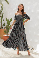Vertical Striped Printed Split Short-sleeved Dress